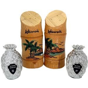 Lot of 2 Hawaii Salt & Pepper Shaker Sets - Bamboo and Silver Plastic Pineapples
